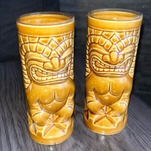 Vintage Mai Kai Tiki Tumblers Set of 2 Brown Ceramic 6” Polynesian Barware
